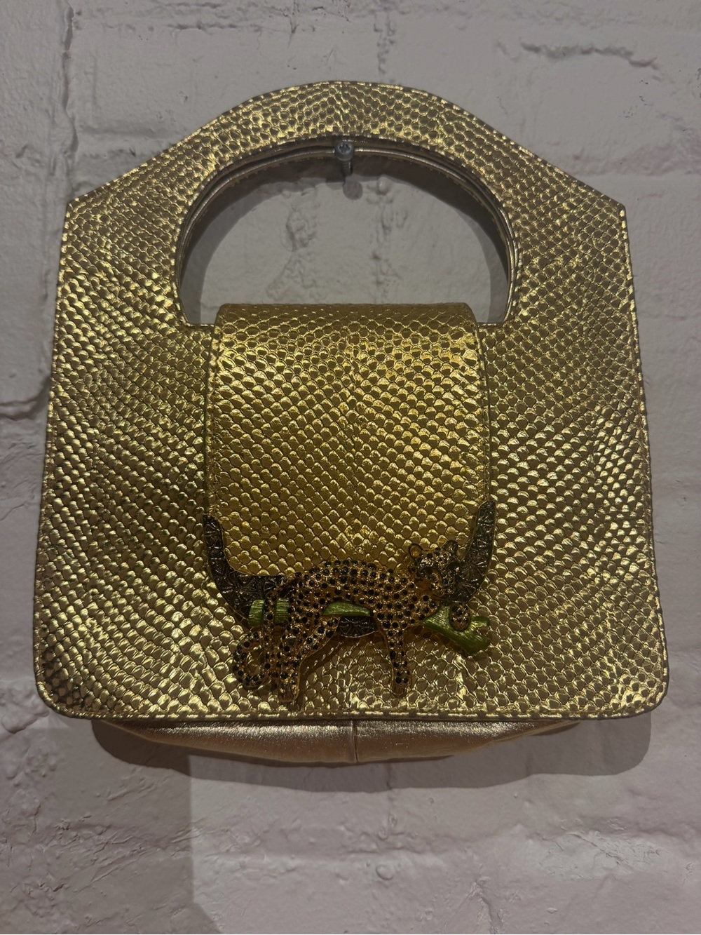 Gold Textured Women's Handle Clutch with Leopard Accent